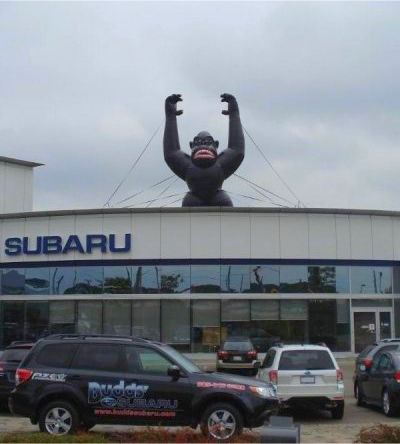 Giant inflatable gorilla on roof of Subaru car dealership - rental